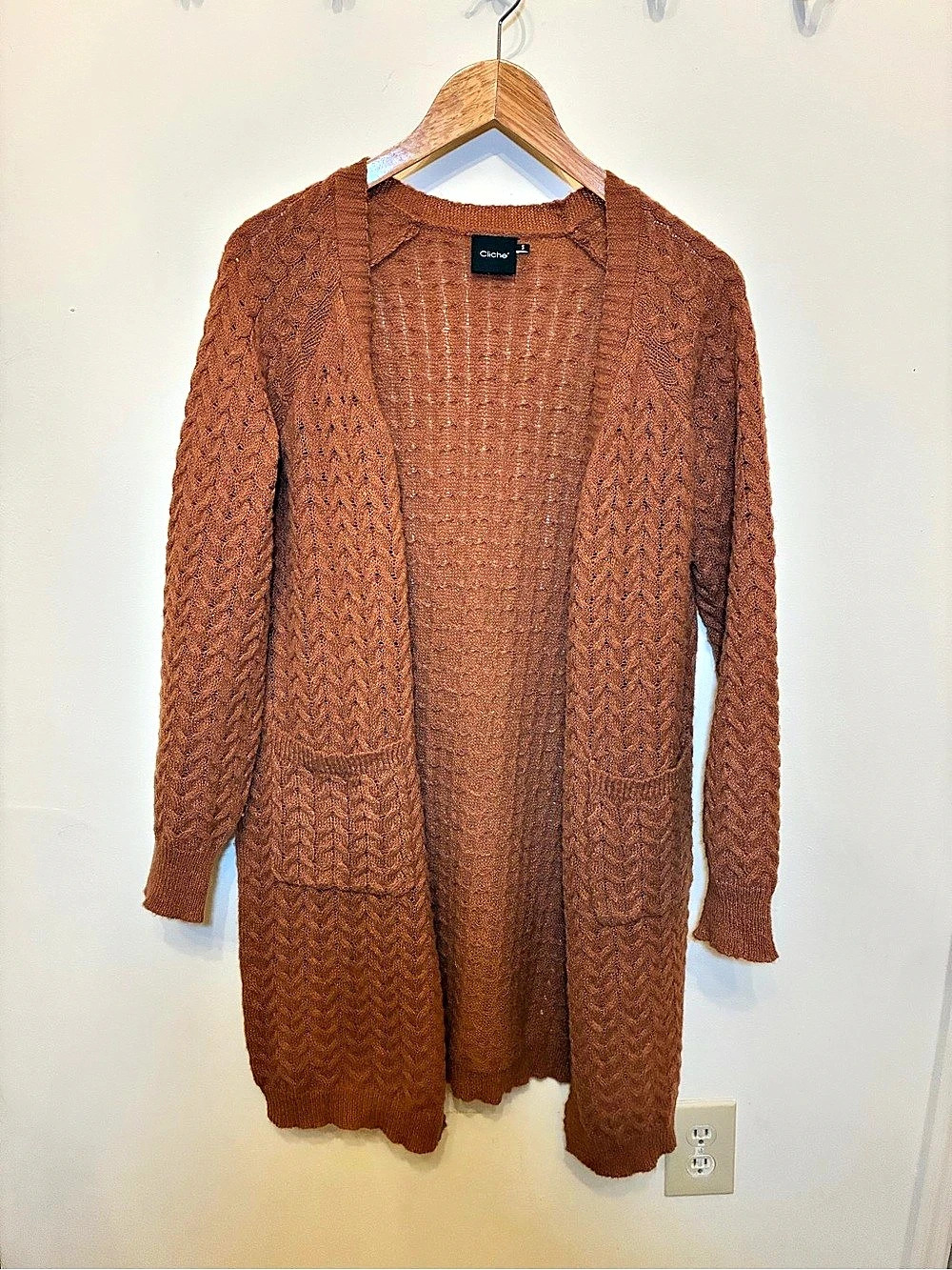 Cliche Textured Open Front Cardigan in Brown Size Small